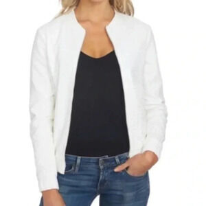 “I State” White Eyelet Crochet Bomber Jacket